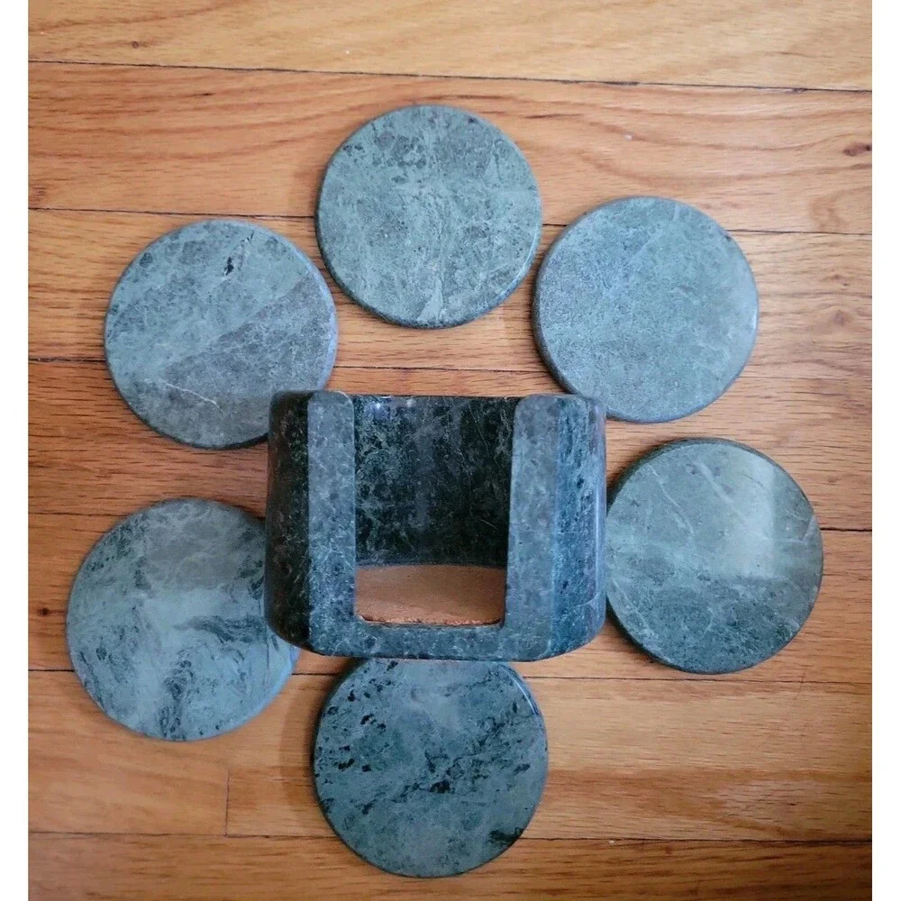 Vtg  Studio Nova Pier 1 Green Jade Marble Coasters & Holder Set of 6 3.2 Pounds
